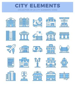 City elements icons collection on white background. urban infrastructure si.. Stock Illustration