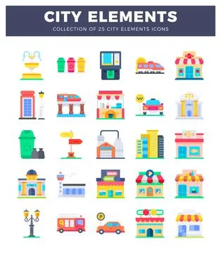 City Elements Icons Collection on White Background 스톡 일러스트