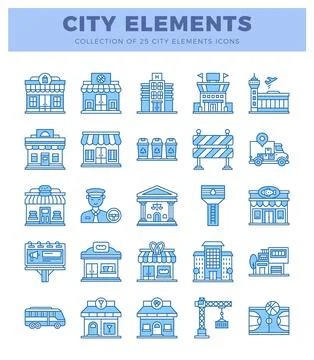 City elements icons collection on white background. Flat design icons with .. 스톡 일러스트