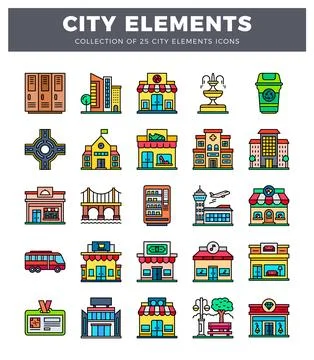City elements icons. colorful flat illustrations. Stock Illustration