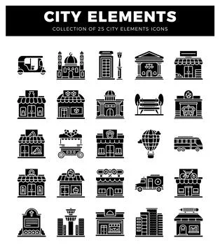 City elements icons with diverse architecture and vehicles Stock Illustration