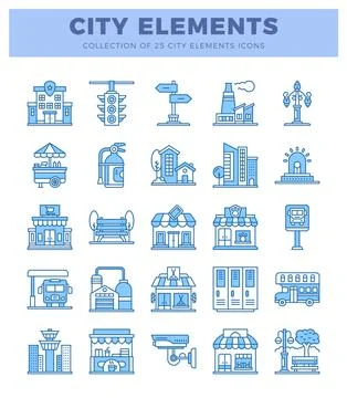 City elements icons featuring buildings. transport. and street furniture. g.. Ilustración de archivo