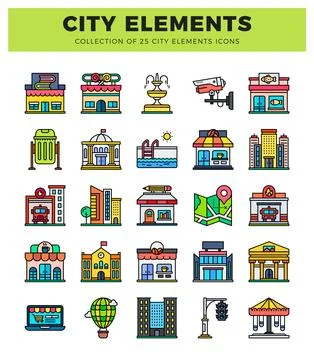 City elements icons featuring buildings. vehicles. and street furniture aga.. イラスト素材