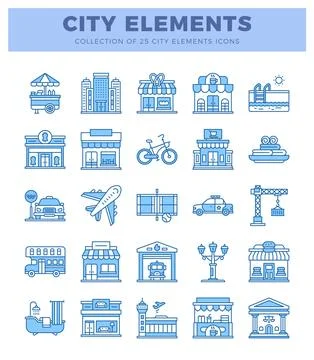 City elements icons featuring buildings and transportation. isolated on a w.. Stock Illustration