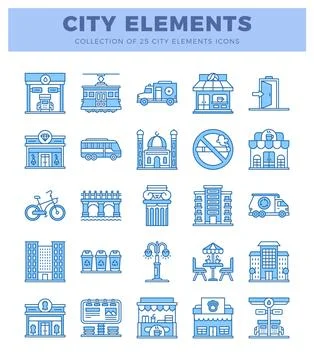City elements icons featuring buildings. transport. and urban features on w.. Ilustración de archivo