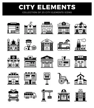 City elements icons featuring buildings. transport. and facilities Stock Illustration