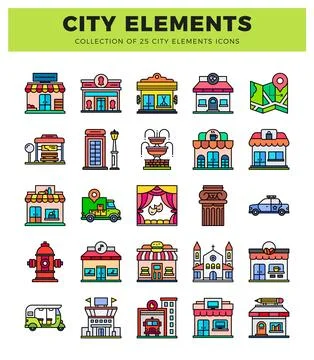 City elements icons.. featuring buildings. vehicles. and maps. Flat vector .. 스톡 일러스트