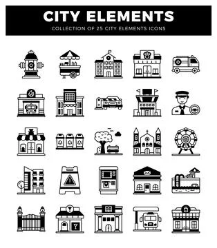 City elements icons. featuring public services. buildings. イラスト素材