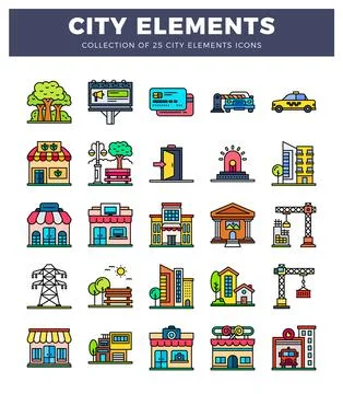 City elements icons featuring trees. a billboard. credit cards. a police ca.. Stock Illustration