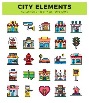 City elements icons with flat design and outline イラスト素材