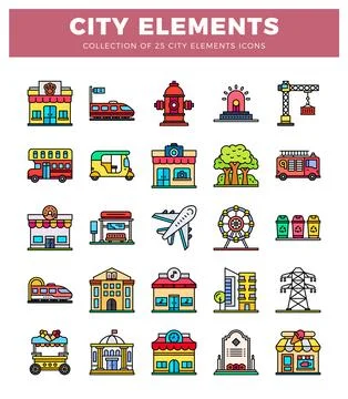 City elements icons. Flat design. isolated on white background Stock Illustration