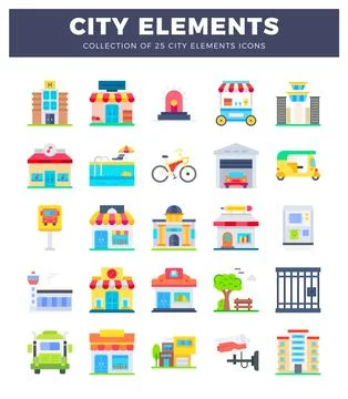 City elements icons in flat design. Collection of urban building and transp.. イラスト素材