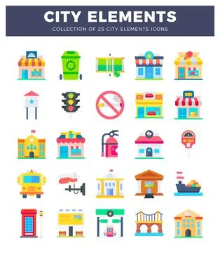 City elements icons with flat design on a white background. 库存插图
