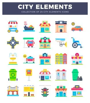 City elements icons in flat design style. isolated on white background. Stock Illustration
