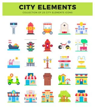 City elements icons Flat graphic design. Stockillustratie