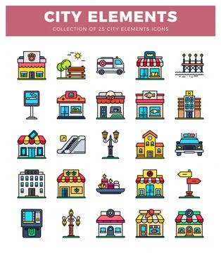 City elements icons in a flat illustration style. featuring shops. services.. Stock Illustration