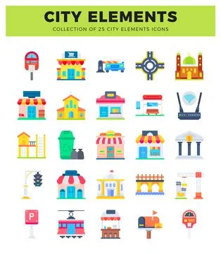 City elements icons in a flat illustration style Illustrazione stock