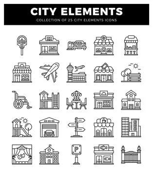 City elements icons in a flat outline style. Illustrazione stock