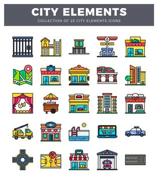 City elements icons. a graphic design project featuring various urban scene.. 스톡 일러스트