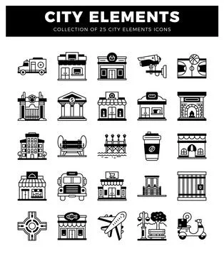 City elements icons in a grid format. urban icons with a white background. 스톡 일러스트