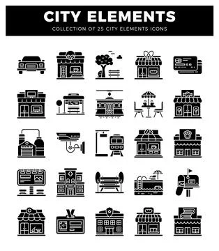 City elements icons in a grid layout. 스톡 일러스트