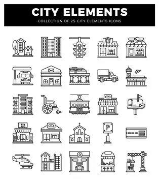 City elements icons in a grid layout on a white background 库存插图