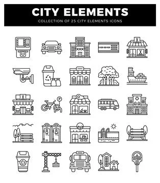 City elements icons including ATM. car. buildings and transportation. Stock Illustration