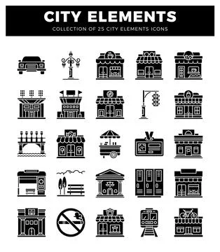 City elements icons including car. lamp post. shops. and train Stock Illustration