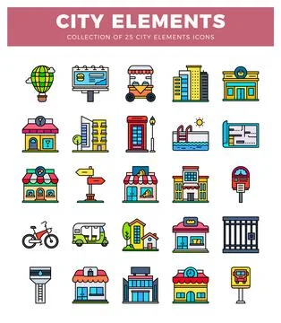 City elements icons. including a hot air balloon. buildings. and transporta.. Stock Illustration