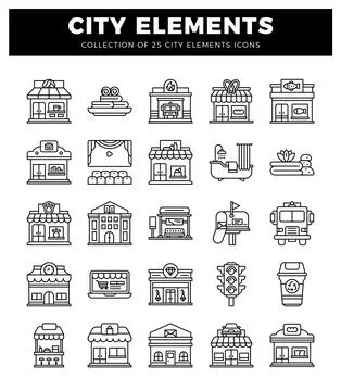 City elements icons. including shops. buildings. and public services Ilustración de archivo