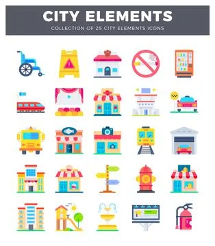 City elements icons including transportation. services. and facilities. 스톡 일러스트