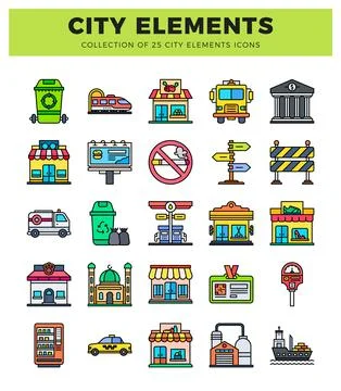 City elements icons including trash bin. train. market. fire truck. bank Stockillustratie