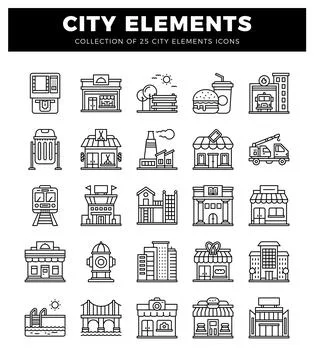 City elements icons in a linear art style with urban building and transport.. 스톡 일러스트