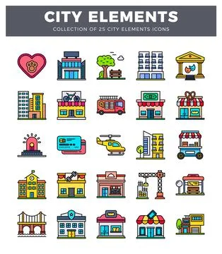 City elements icons in a modern flat design style Stock Illustration