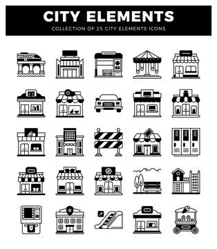 City elements icons. modern flat design. urban symbols in black and white. 스톡 일러스트