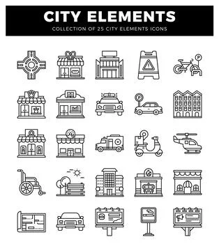City elements icons. outlined on a white background. Stockillustratie