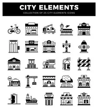 City elements icons presented in a 5x5 grid layout on a white background. イラスト素材