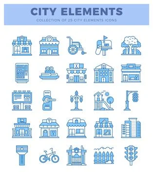 City elements icons presented in blue outline style. Illustrazione stock