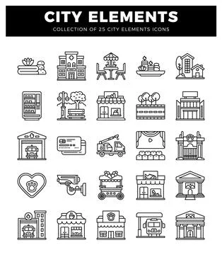 A city elements icons rendered in a clean. modern line art style. イラスト素材