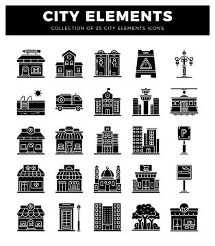 City elements icons. representing various urban amenities and buildings. Fl.. Stock Illustration