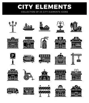 City elements icons set with building and transportation symbols 스톡 일러스트