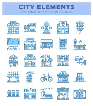 City elements icons set with buildings. transportation. and services. blue .. Illustrazione stock