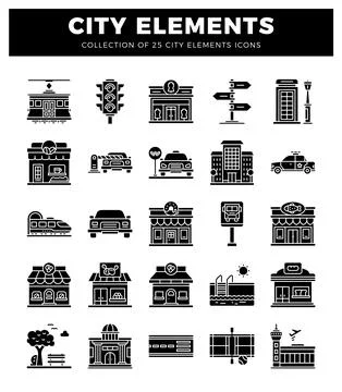 City elements icons set featuring transportation and buildings Stock Illustration