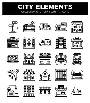 City elements icons set. various urban buildings and transportation. digita.. Illustrazione stock