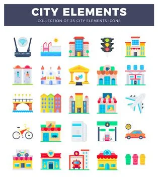 City elements icons set on white background 库存插图