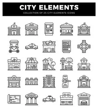 City elements icons in simple line art. Stock Illustration