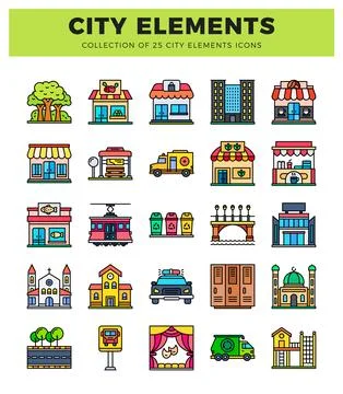 City elements icons. stylized vector graphics. offering a diverse range of .. Illustrazione stock