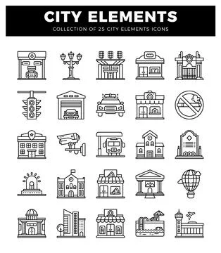 City elements icons in thin line style featuring buildings. vehicles. and u.. Stock Illustration