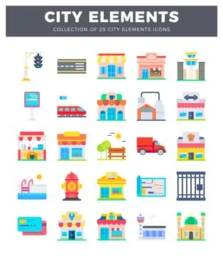City elements icons traffic light. road. store. building. airport. train. c.. 스톡 일러스트