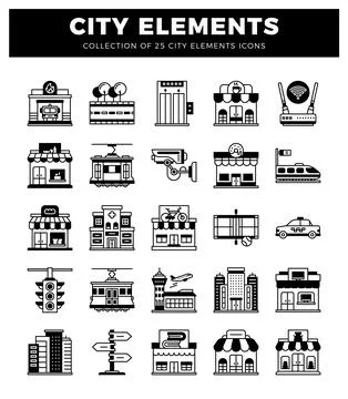 City elements icons with various buildings. transportation. and traffic sym.. イラスト素材